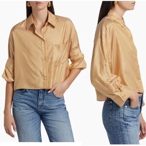 TWP Next Ex Metallic Gold Stripe Silk Women’s Crop Top Button Down Cuffed Blouse
